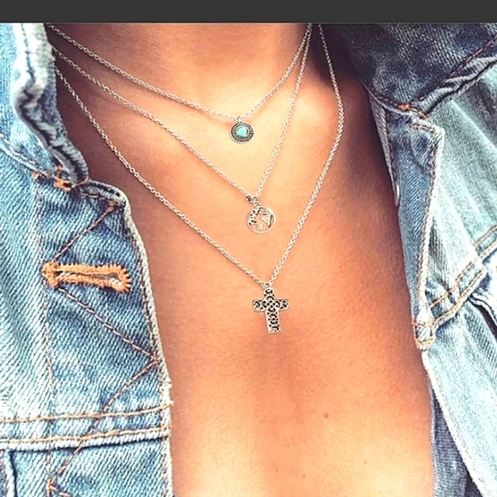 Women's Layered Cross Turquoise Pendant Adjustable Necklace‎